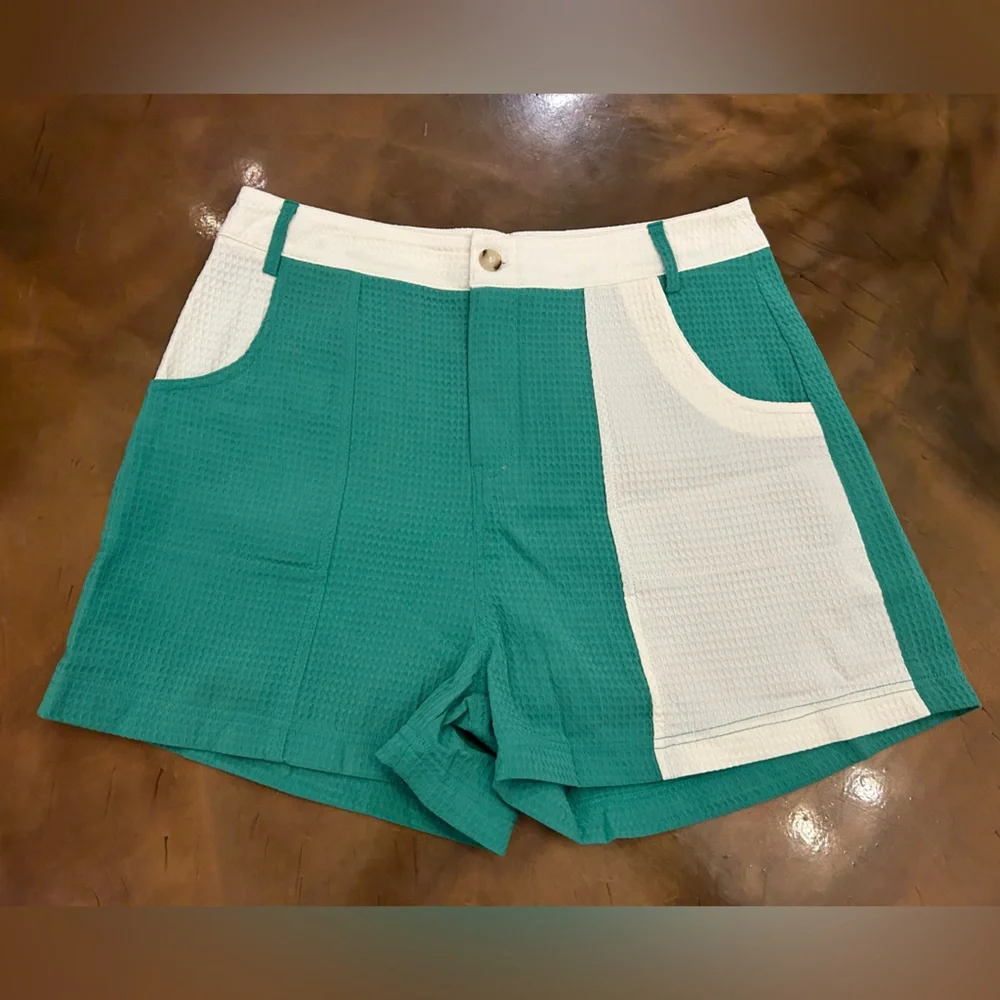 TIMING - Teal and White High-Waist Colorblock Shorts NWT